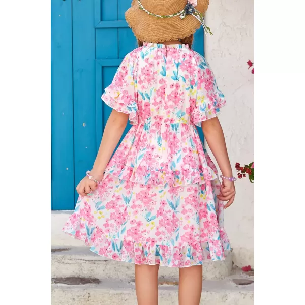 GRACE KARIN Girls Summer Spring Dress Floral Ruffle Cute Fancy Dress Casual Flowy Short Sleeve Midi Dress 512YPink