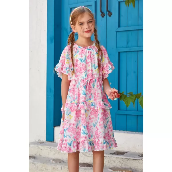 GRACE KARIN Girls Summer Spring Dress Floral Ruffle Cute Fancy Dress Casual Flowy Short Sleeve Midi Dress 512YPink