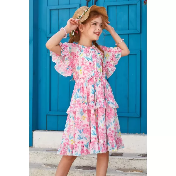 GRACE KARIN Girls Summer Spring Dress Floral Ruffle Cute Fancy Dress Casual Flowy Short Sleeve Midi Dress 512YPink