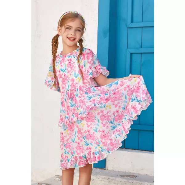 GRACE KARIN Girls Summer Spring Dress Floral Ruffle Cute Fancy Dress Casual Flowy Short Sleeve Midi Dress 512YPink