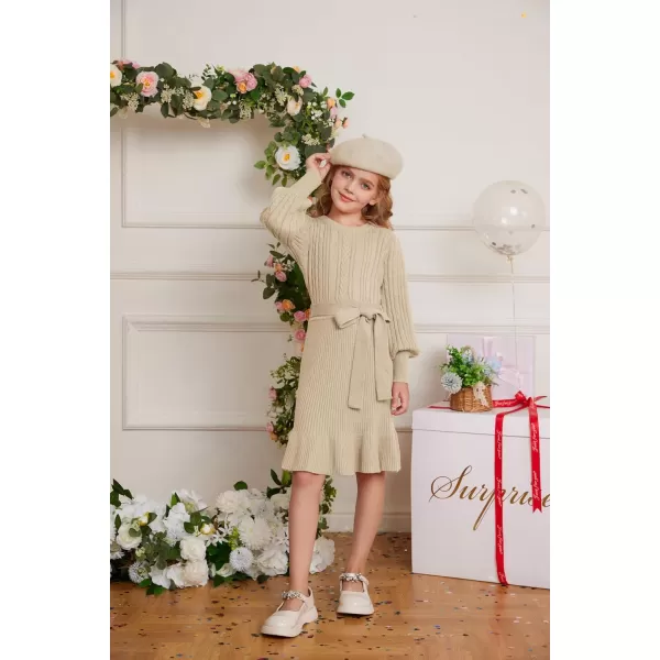 GRACE KARIN Girls Sweater Dress Cable Knit Long Sleeve Fall Winter Dress for Girl with Belt Sizes 614Apricot