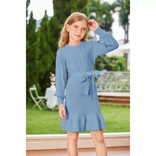 GRACE KARIN Girls Sweater Dress Cable Knit Long Sleeve Fall Winter Dress for Girl with Belt Sizes 614Cobalt Blue