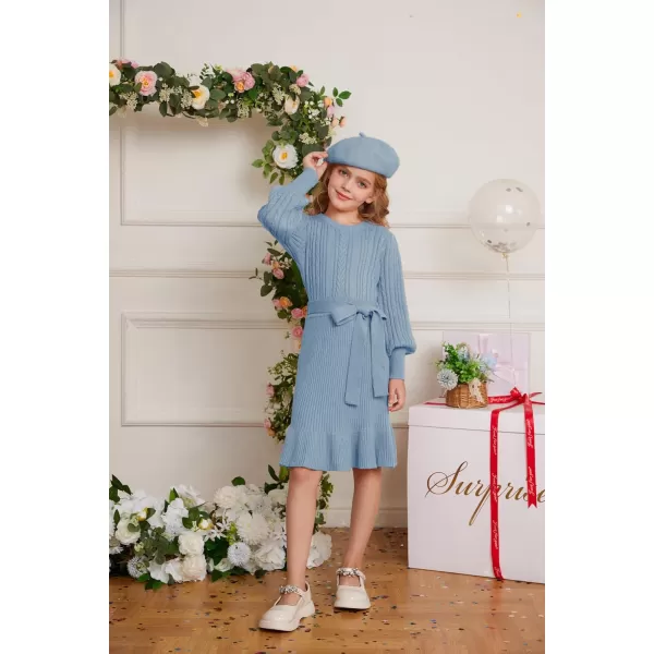 GRACE KARIN Girls Sweater Dress Cable Knit Long Sleeve Fall Winter Dress for Girl with Belt Sizes 614Cobalt Blue