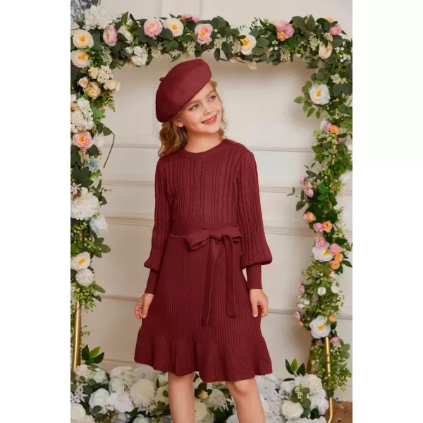 GRACE KARIN Girls Sweater Dress Cable Knit Long Sleeve Fall Winter Dress for Girl with Belt Sizes 614Crimson