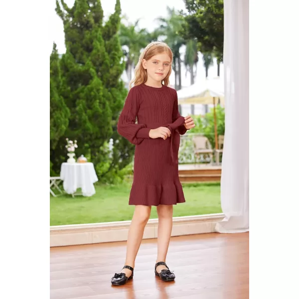 GRACE KARIN Girls Sweater Dress Cable Knit Long Sleeve Fall Winter Dress for Girl with Belt Sizes 614Crimson