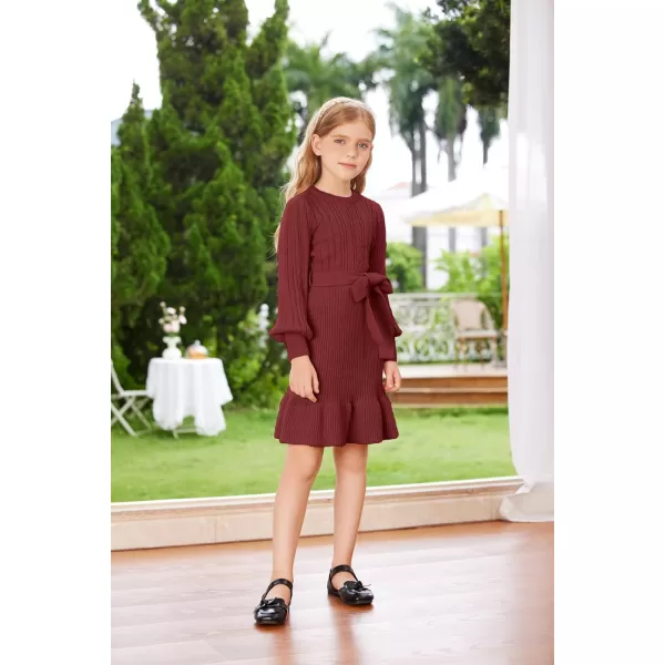 GRACE KARIN Girls Sweater Dress Cable Knit Long Sleeve Fall Winter Dress for Girl with Belt Sizes 614Crimson