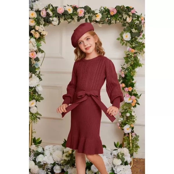 GRACE KARIN Girls Sweater Dress Cable Knit Long Sleeve Fall Winter Dress for Girl with Belt Sizes 614Crimson