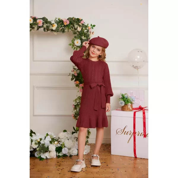 GRACE KARIN Girls Sweater Dress Cable Knit Long Sleeve Fall Winter Dress for Girl with Belt Sizes 614Crimson