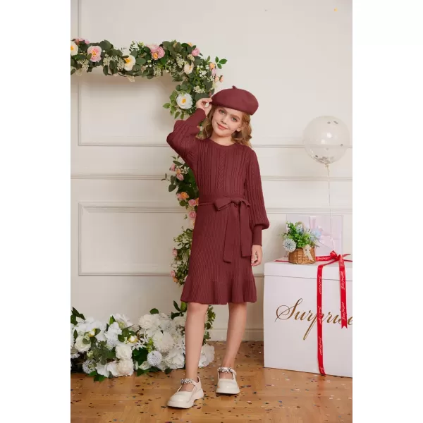 GRACE KARIN Girls Sweater Dress Cable Knit Long Sleeve Fall Winter Dress for Girl with Belt Sizes 614Crimson
