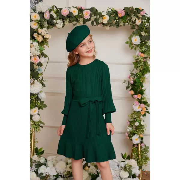 GRACE KARIN Girls Sweater Dress Cable Knit Long Sleeve Fall Winter Dress for Girl with Belt Sizes 614Green