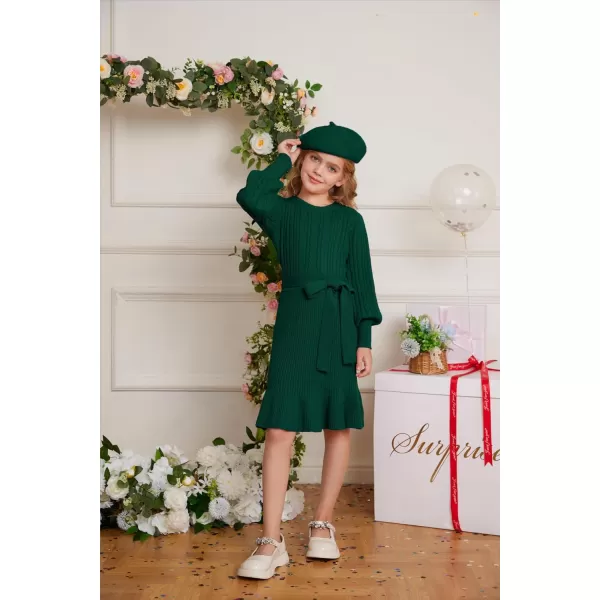 GRACE KARIN Girls Sweater Dress Cable Knit Long Sleeve Fall Winter Dress for Girl with Belt Sizes 614Green