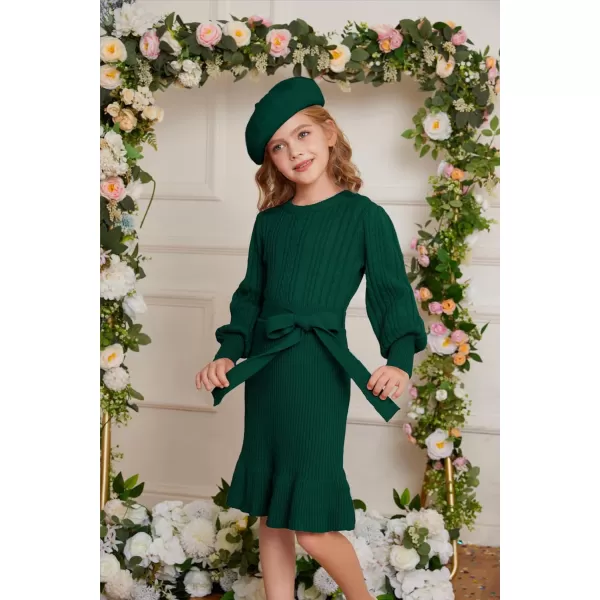 GRACE KARIN Girls Sweater Dress Cable Knit Long Sleeve Fall Winter Dress for Girl with Belt Sizes 614Green