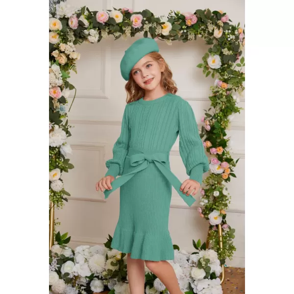 GRACE KARIN Girls Sweater Dress Cable Knit Long Sleeve Fall Winter Dress for Girl with Belt Sizes 614Light Green