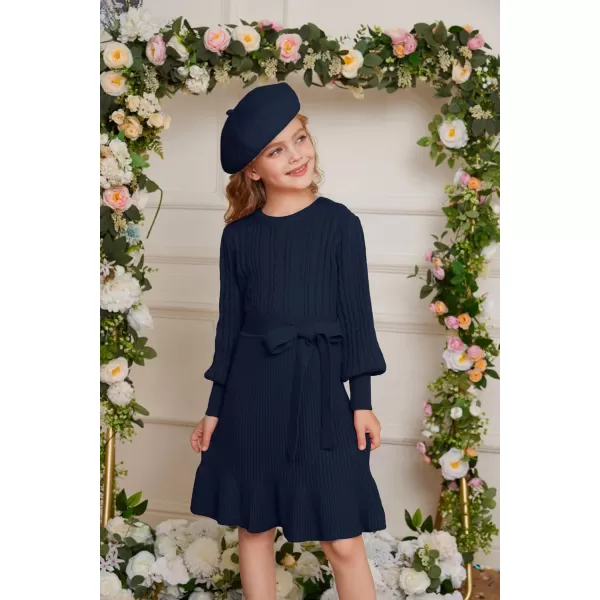 GRACE KARIN Girls Sweater Dress Cable Knit Long Sleeve Fall Winter Dress for Girl with Belt Sizes 614Navy Blue