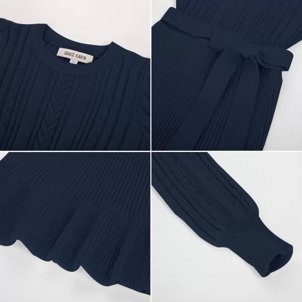 GRACE KARIN Girls Sweater Dress Cable Knit Long Sleeve Fall Winter Dress for Girl with Belt Sizes 614Navy Blue