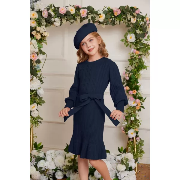 GRACE KARIN Girls Sweater Dress Cable Knit Long Sleeve Fall Winter Dress for Girl with Belt Sizes 614Navy Blue