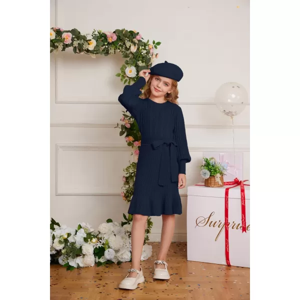 GRACE KARIN Girls Sweater Dress Cable Knit Long Sleeve Fall Winter Dress for Girl with Belt Sizes 614Navy Blue