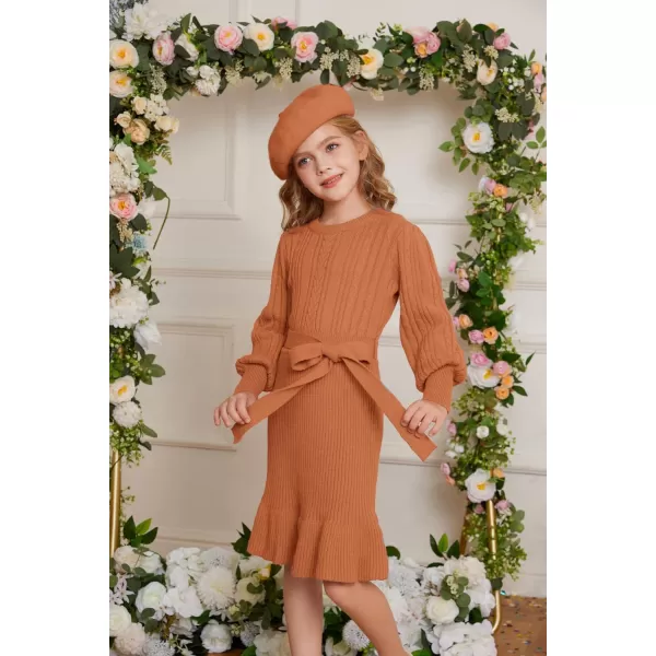 GRACE KARIN Girls Sweater Dress Cable Knit Long Sleeve Fall Winter Dress for Girl with Belt Sizes 614Orange
