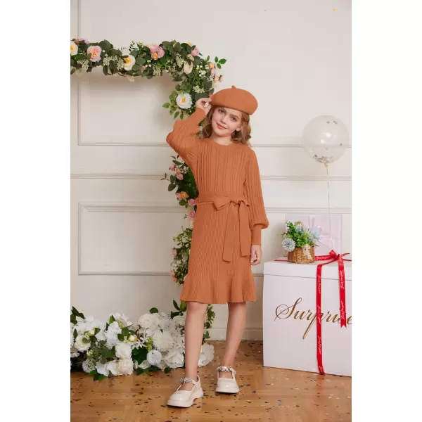 GRACE KARIN Girls Sweater Dress Cable Knit Long Sleeve Fall Winter Dress for Girl with Belt Sizes 614Orange