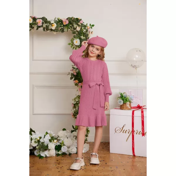 GRACE KARIN Girls Sweater Dress Cable Knit Long Sleeve Fall Winter Dress for Girl with Belt Sizes 614Peach Pink