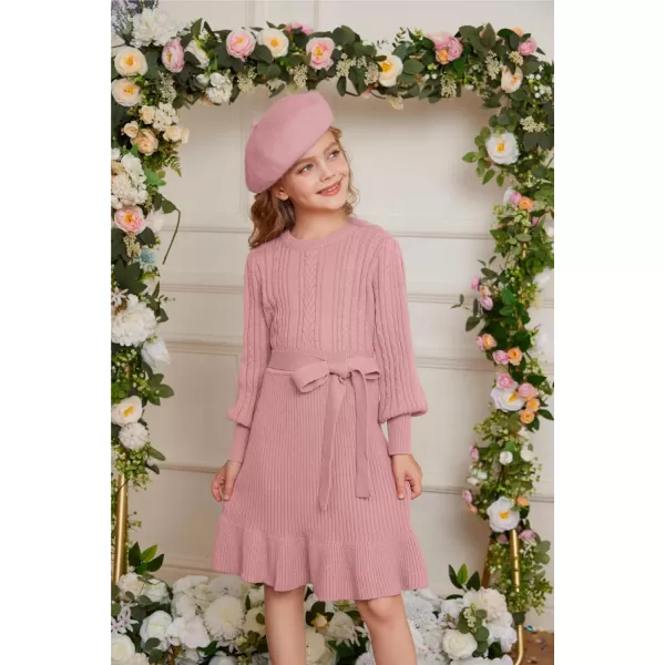 GRACE KARIN Girls Sweater Dress Cable Knit Long Sleeve Fall Winter Dress for Girl with Belt Sizes 614Pink