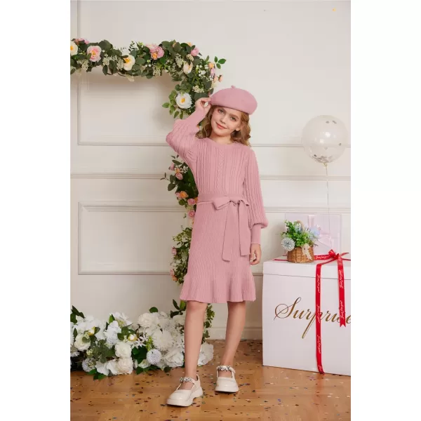 GRACE KARIN Girls Sweater Dress Cable Knit Long Sleeve Fall Winter Dress for Girl with Belt Sizes 614Pink