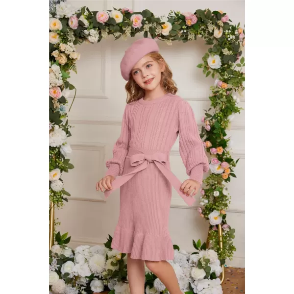 GRACE KARIN Girls Sweater Dress Cable Knit Long Sleeve Fall Winter Dress for Girl with Belt Sizes 614Pink