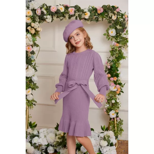 GRACE KARIN Girls Sweater Dress Cable Knit Long Sleeve Fall Winter Dress for Girl with Belt Sizes 614Purple