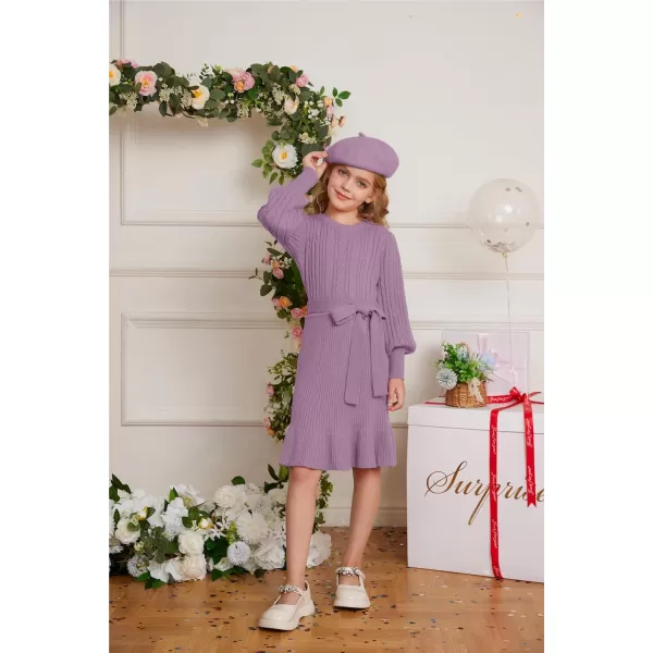 GRACE KARIN Girls Sweater Dress Cable Knit Long Sleeve Fall Winter Dress for Girl with Belt Sizes 614Purple