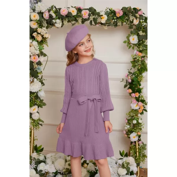 GRACE KARIN Girls Sweater Dress Cable Knit Long Sleeve Fall Winter Dress for Girl with Belt Sizes 614Purple