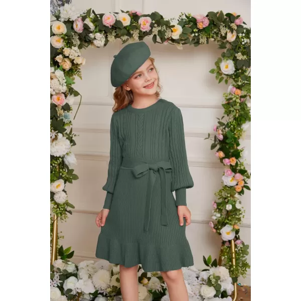 GRACE KARIN Girls Sweater Dress Cable Knit Long Sleeve Fall Winter Dress for Girl with Belt Sizes 614Tea Green