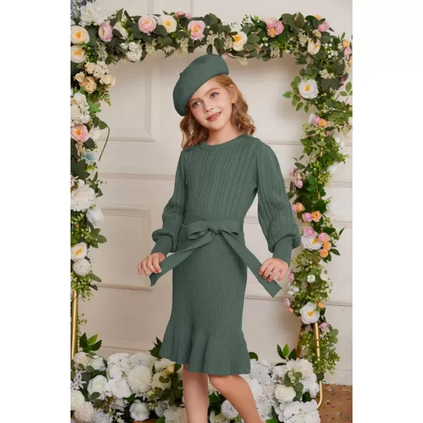 GRACE KARIN Girls Sweater Dress Cable Knit Long Sleeve Fall Winter Dress for Girl with Belt Sizes 614Tea Green