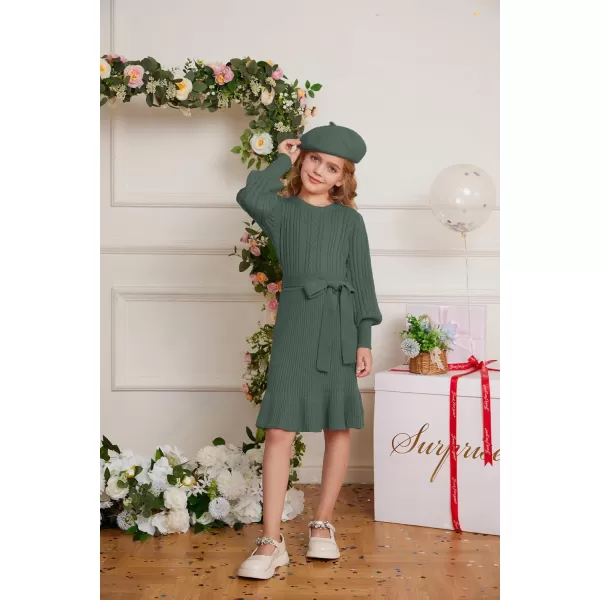 GRACE KARIN Girls Sweater Dress Cable Knit Long Sleeve Fall Winter Dress for Girl with Belt Sizes 614Tea Green
