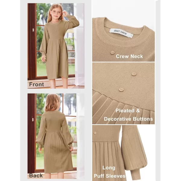 GRACE KARIN Girls Sweater Dress Long Sleeve Pleated ALine Fall Dress 512YKhaki