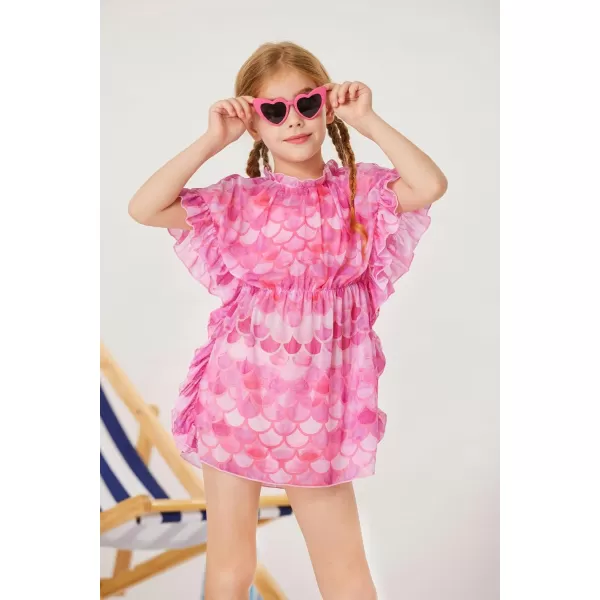 GRACE KARIN Girls Swim Cover Up Dress Short Batwing Sleeves Summer Beach Mesh Swimsuit Wraps Size 512YHotpink Mermaid