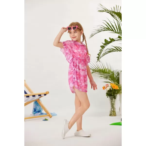 GRACE KARIN Girls Swim Cover Up Dress Short Batwing Sleeves Summer Beach Mesh Swimsuit Wraps Size 512YHotpink Mermaid