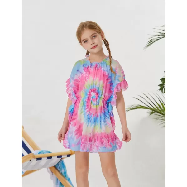 GRACE KARIN Girls Swim Cover Up Dress Short Batwing Sleeves Summer Beach Mesh Swimsuit Wraps Size 512YRainbow Tiedye