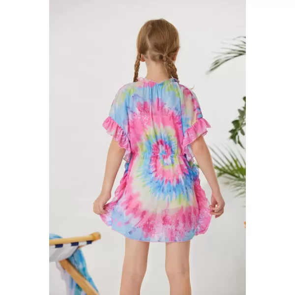 GRACE KARIN Girls Swim Cover Up Dress Short Batwing Sleeves Summer Beach Mesh Swimsuit Wraps Size 512YRainbow Tiedye