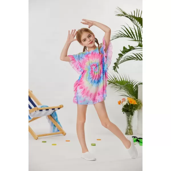 GRACE KARIN Girls Swim Cover Up Dress Short Batwing Sleeves Summer Beach Mesh Swimsuit Wraps Size 512YRainbow Tiedye