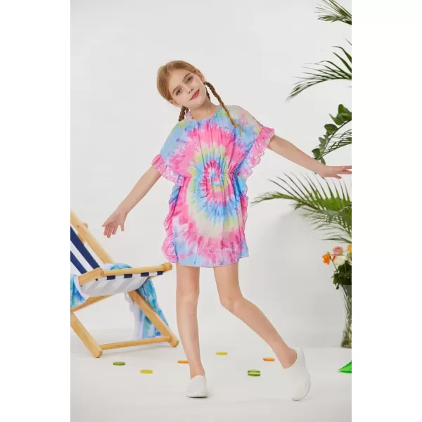 GRACE KARIN Girls Swim Cover Up Dress Short Batwing Sleeves Summer Beach Mesh Swimsuit Wraps Size 512YRainbow Tiedye