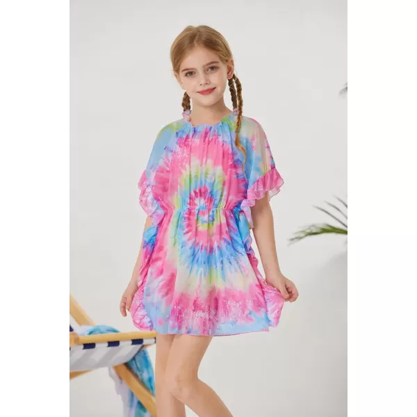 GRACE KARIN Girls Swim Cover Up Dress Short Batwing Sleeves Summer Beach Mesh Swimsuit Wraps Size 512YRainbow Tiedye