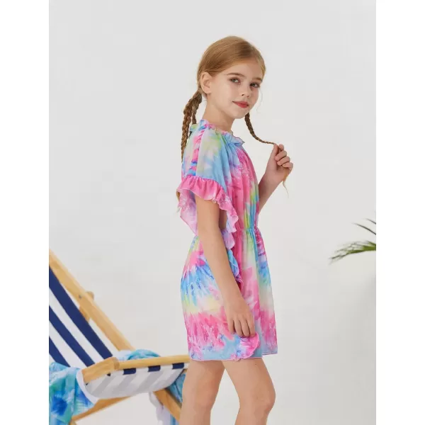 GRACE KARIN Girls Swim Cover Up Dress Short Batwing Sleeves Summer Beach Mesh Swimsuit Wraps Size 512YRainbow Tiedye