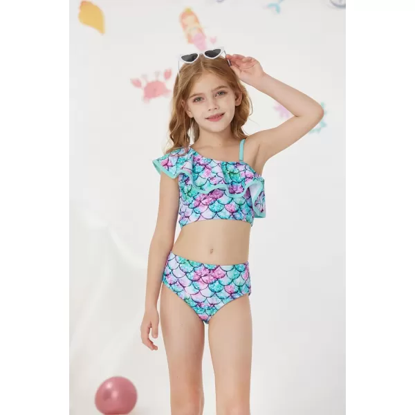 GRACE KARIN Girls Swimsuit 3 Pcs Tankini Swimwear Bikini Set Ruffle Bathing Suits Size 612Blue Mermaid