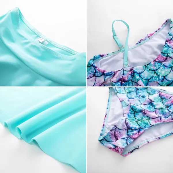 GRACE KARIN Girls Swimsuit 3 Pcs Tankini Swimwear Bikini Set Ruffle Bathing Suits Size 612Blue Mermaid