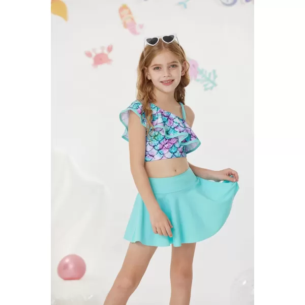 GRACE KARIN Girls Swimsuit 3 Pcs Tankini Swimwear Bikini Set Ruffle Bathing Suits Size 612Blue Mermaid