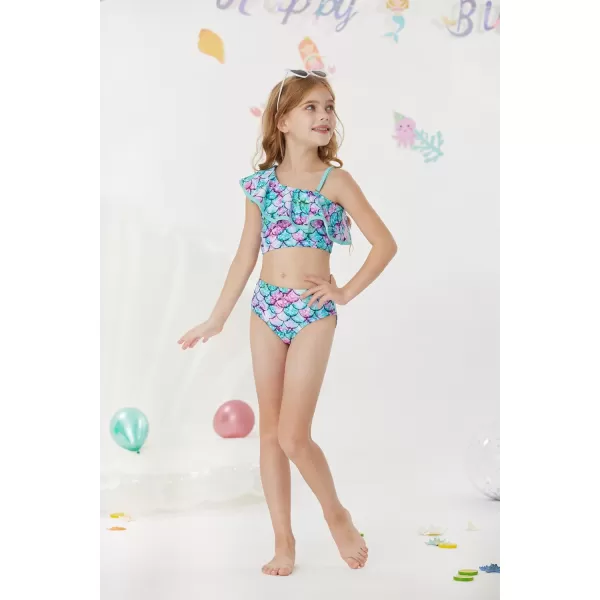 GRACE KARIN Girls Swimsuit 3 Pcs Tankini Swimwear Bikini Set Ruffle Bathing Suits Size 612Blue Mermaid