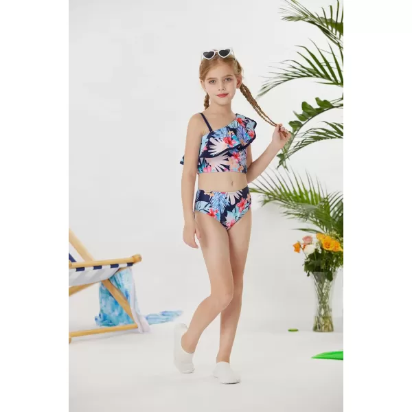 GRACE KARIN Girls Swimsuit 3 Pcs Tankini Swimwear Bikini Set Ruffle Bathing Suits Size 612Navy Floral