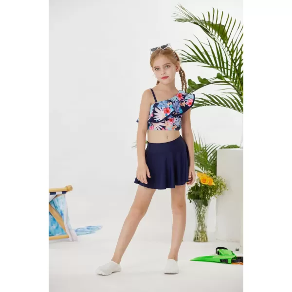 GRACE KARIN Girls Swimsuit 3 Pcs Tankini Swimwear Bikini Set Ruffle Bathing Suits Size 612Navy Floral