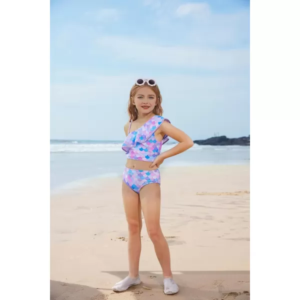 GRACE KARIN Girls Swimsuit 3 Pcs Tankini Swimwear Bikini Set Ruffle Bathing Suits Size 612Purple Mermaid