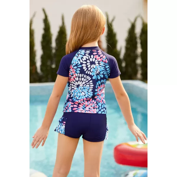 GRACE KARIN Girls Swimsuit 3Piece Rashguard Sets Short Sleeve Swimwear with HairbandNavy